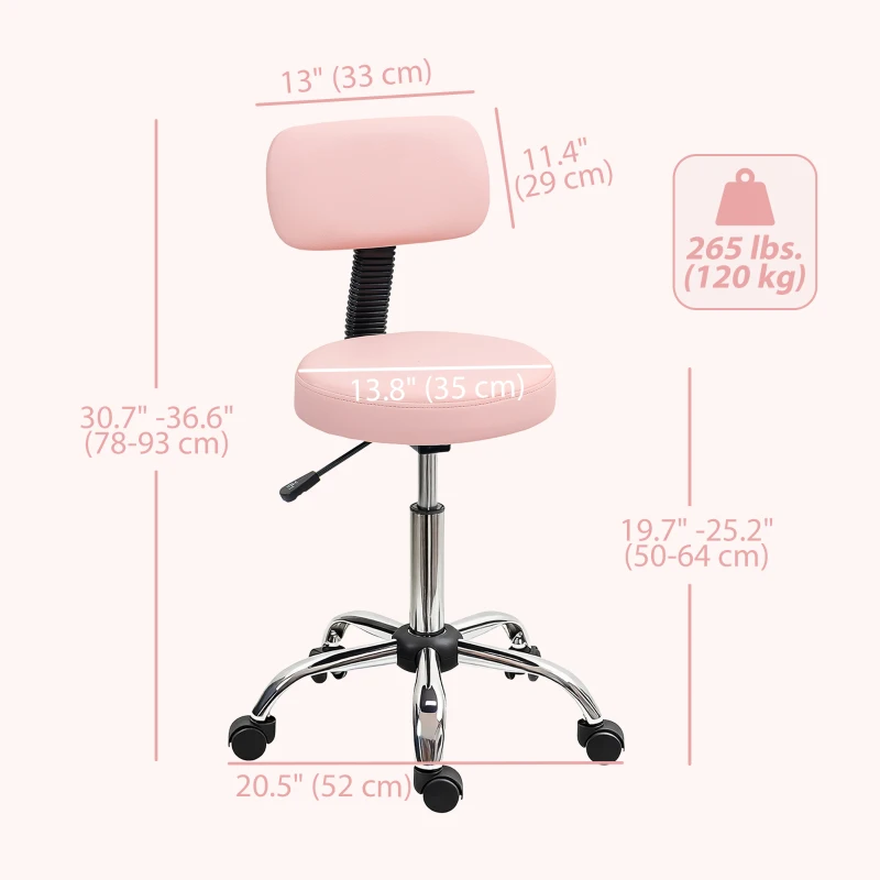 HOMCOM Adjustable Rolling Stool with Removable Backrest, Faux Leather Swivel Stool Chair for Salon Spa, Bar, Massage, Pink