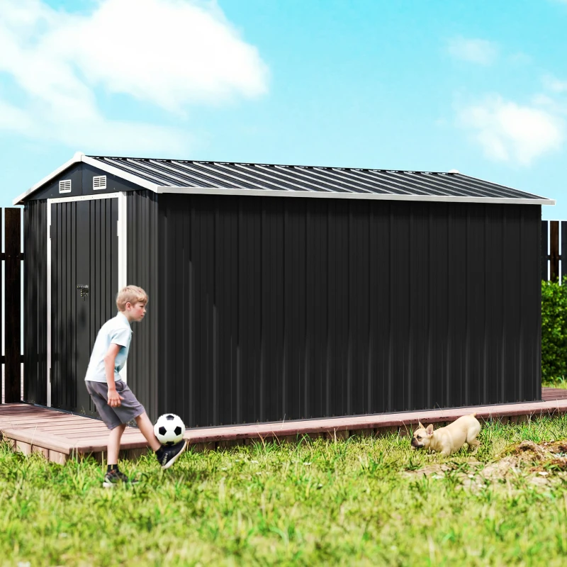 Outsunny 12' x 8' Metal Shed, Heavy Duty Outdoor Storage Shed with 4 Vents and Lockable Double Doors, Dark Grey