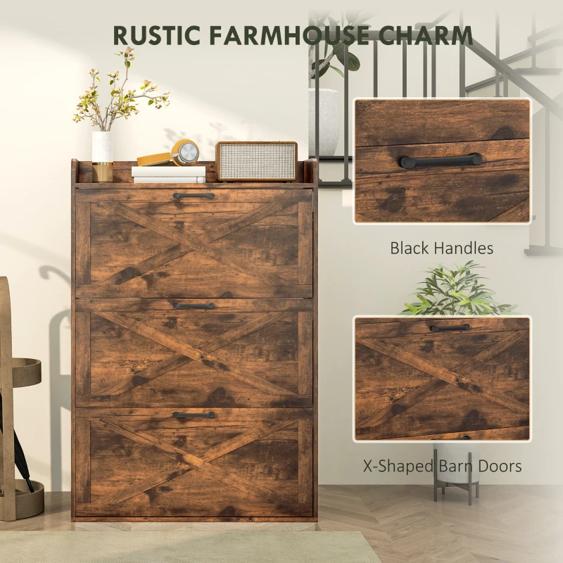 HOMCOM Narrow Shoe Storage Cabinet Farmhouse Shoe Cabinet with 3 Flip Drawers Adjustable Shelves for Entryway Rustic Brown