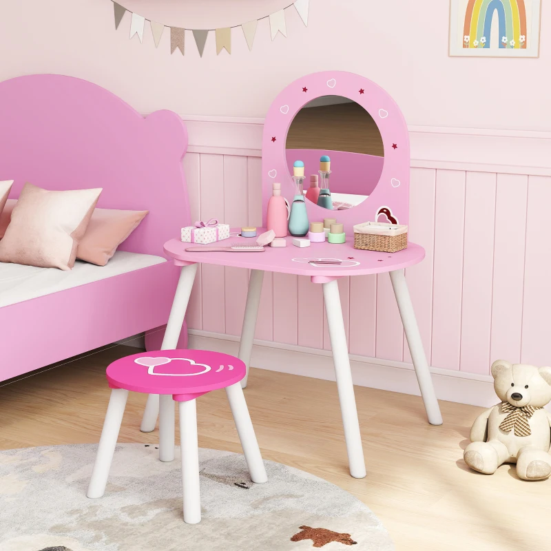 Qaba Kids Dressing Table with Mirror and Stool, Girls Vanity Set for Bedroom, Nursery, for Ages 3-6, Pink