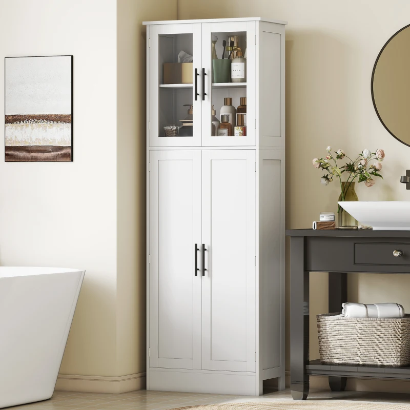 HOMCOM Tall Bathroom Cabinet with Glass Doors, Space-Saving Unit with Adjustable Shelves, Freestanding Storage, White