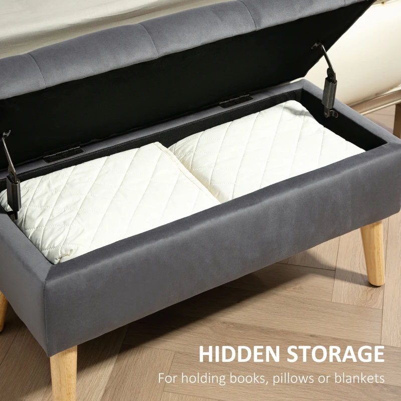 HOMCOM Storage Ottoman with Lid, Velvet Upholstered Storage Bench with Wood Legs for Living Room, Charcoal Grey