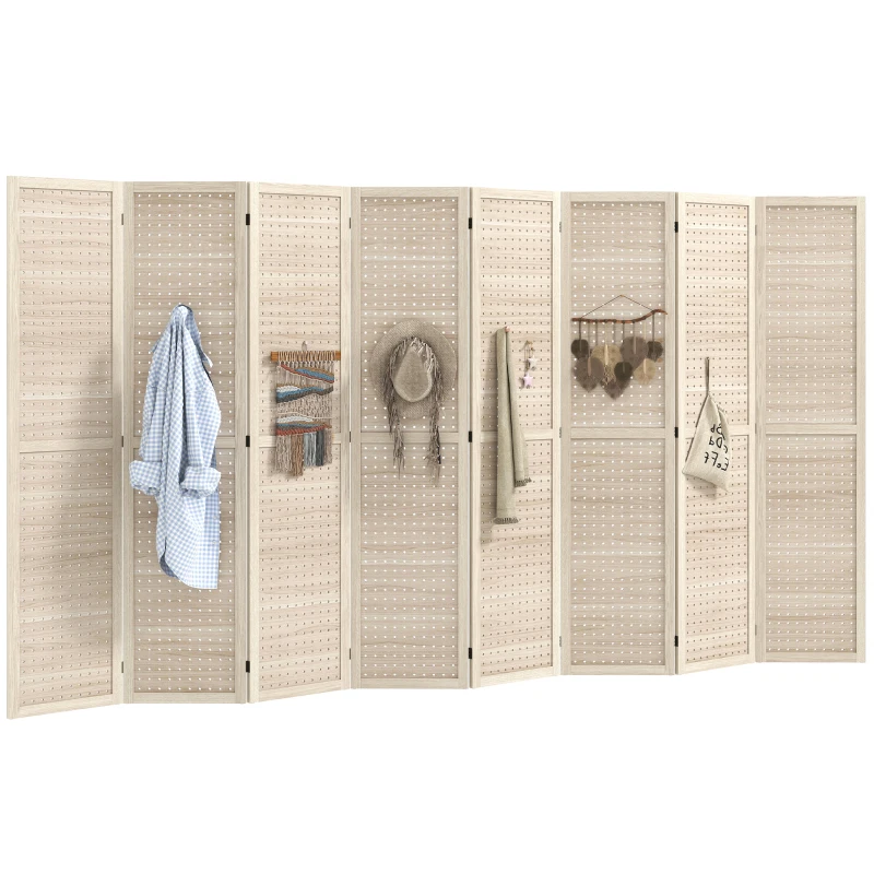 HOMCOM 5.6 Ft. Tall 8-Panel Room Divider, Pegboard Panel Folding Privacy Screen, Partition Wall Divider for Bedroom, Natural