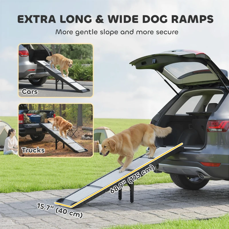 PawHut Foldable Dog Car Ramp with Support Leg, Non-Slip TPR Surface, 69" x 15.7", for Small to Large Dogs Up to 220LBS