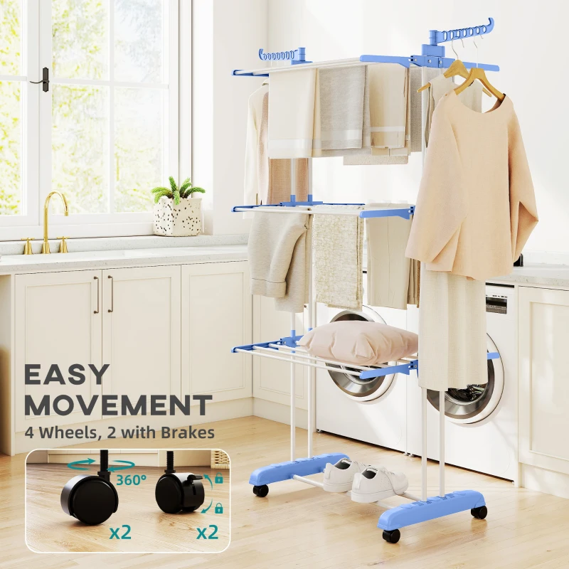 HOMCOM Foldable Clothes Drying Rack, 4-Tier Steel Laundry Rack for Drying Clothes with 2 Side Wings and 4 Castors, Indoor and Outdoor Use, Blue