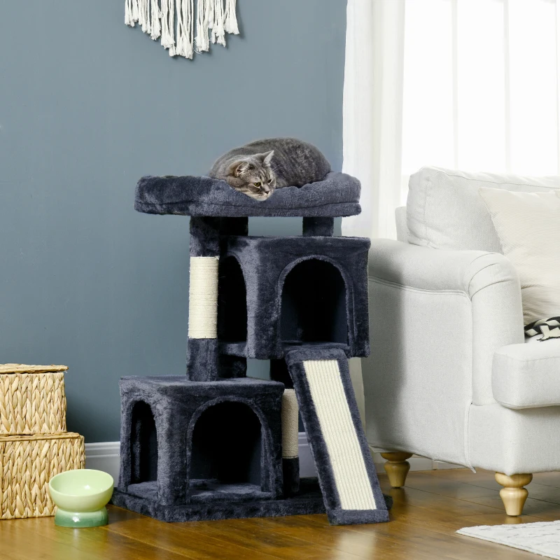 PawHut Plush Cat Tree Tower w/ Sisal Scratching Post Board Perch Condo Dark Grey