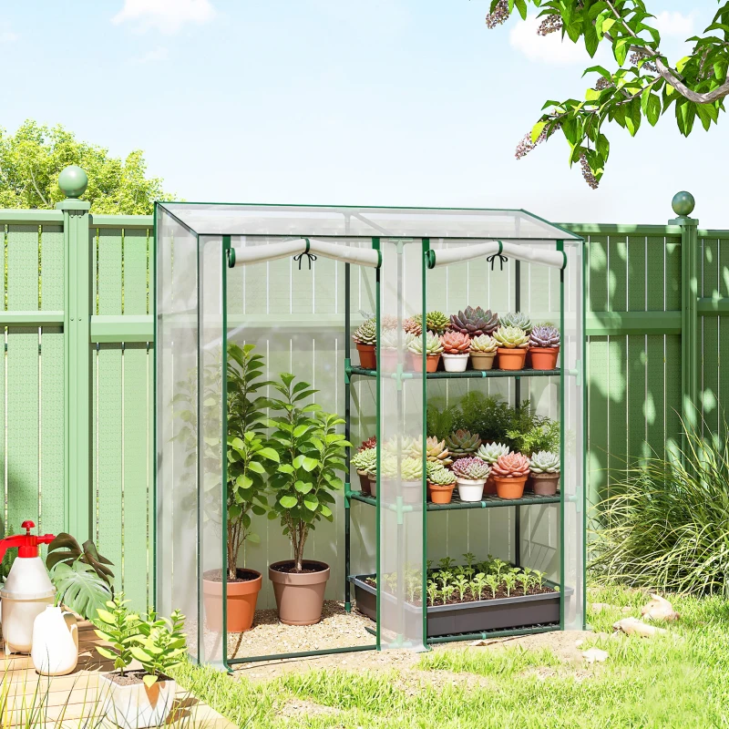 Outsunny Mini Greenhouse, Portable Greenhouse with 3 Shelves, 2 Roll-up Doors, 56.3" x 17.7" x 59.4", Clear