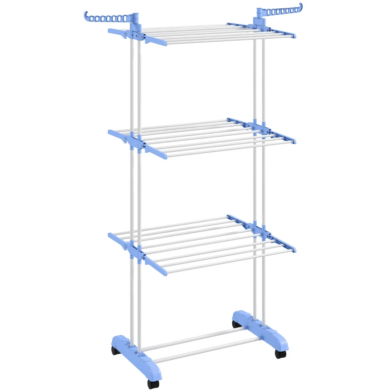 HOMCOM Foldable Clothes Drying Rack, 4-Tier Steel Laundry Rack for Drying Clothes with 2 Side Wings and 4 Castors, Indoor and Outdoor Use, Blue
