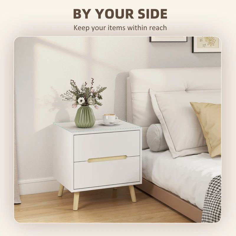 HOMCOM Nightstands Set of 2, Bedside Table with 2 Drawers, Modern Side End Table with Solid  Wood Legs for Bedroom, White