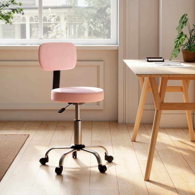 HOMCOM Adjustable Rolling Stool with Removable Backrest, Faux Leather Swivel Stool Chair for Salon Spa, Bar, Massage, Pink