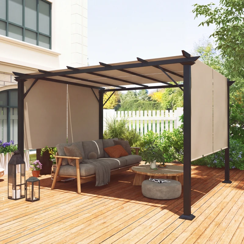 Outsunny 12' x 10' Outdoor Patio Gazebo Pergola with Retractable Canopy Roof, Steel Frame with Stakes, Light Brown