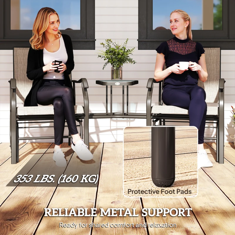 Outsunny Double Patio Glider Chair with Glass Top Center Table, Outdoor Glider Loveseat with High Back,  All Weather Breathable Mesh Fabric for Garden, Backyard, Deck, Light Brown