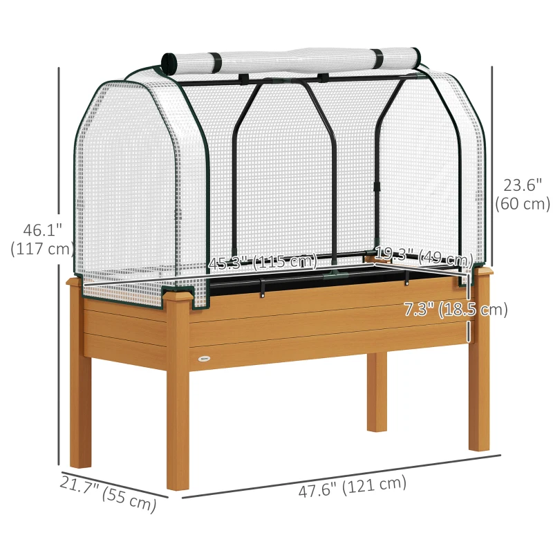Outsunny Raised Garden Bed with PE Greenhouse Cover Outdoor Elevated Wood Planter Box for Herbs and Vegetables Sand
