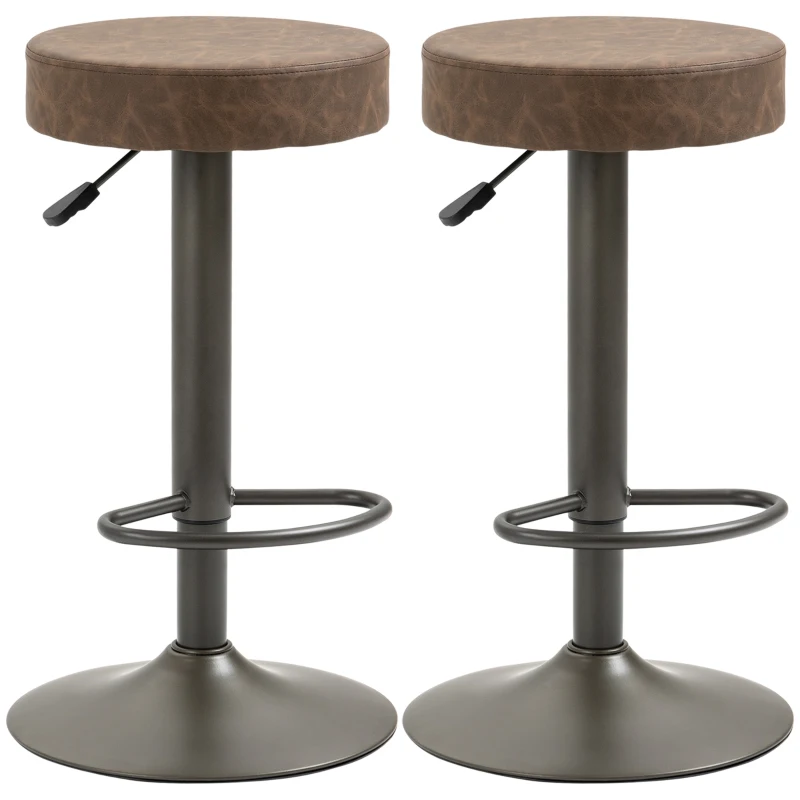 HOMCOM Modern Adjustable Bar Stools Set of 2, Swivel Barstool with Footrest, PU Leather Round Top for Kitchen, Brown