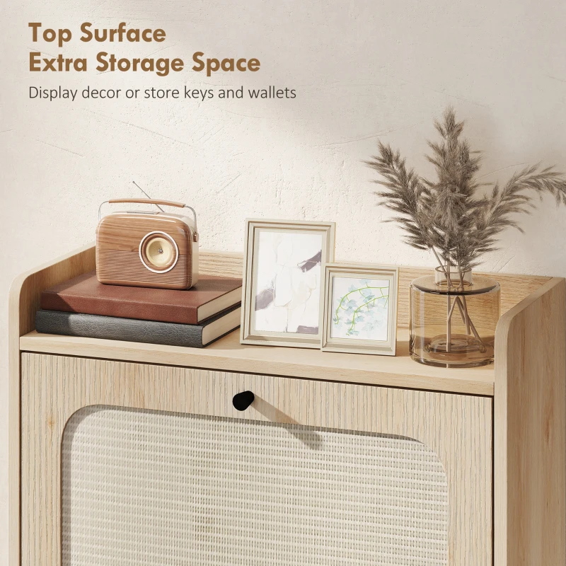 HOMCOM Shoe Cabinet with 2 Flip Drawers, Boho Narrow Shoe Storage Cabinet, Oak