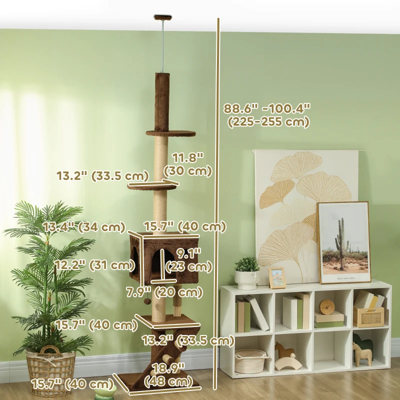 PawHut 89"-100" Floor to Ceiling Cat Tree with Scratching Post, Cat House, 3-Steps, Hanging Ball, Perches, Anti-tip Kit, Brown