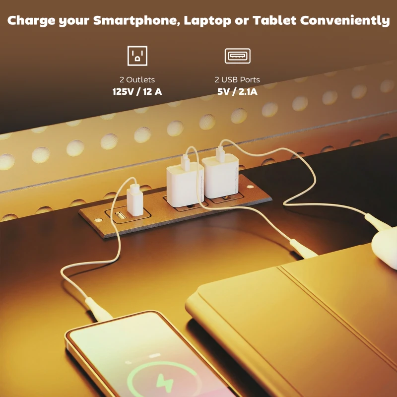 HOMCOM Gaming Desk with Power Outlets LED Lights Computer Desk with Drawers Monitor Stand 61" Black