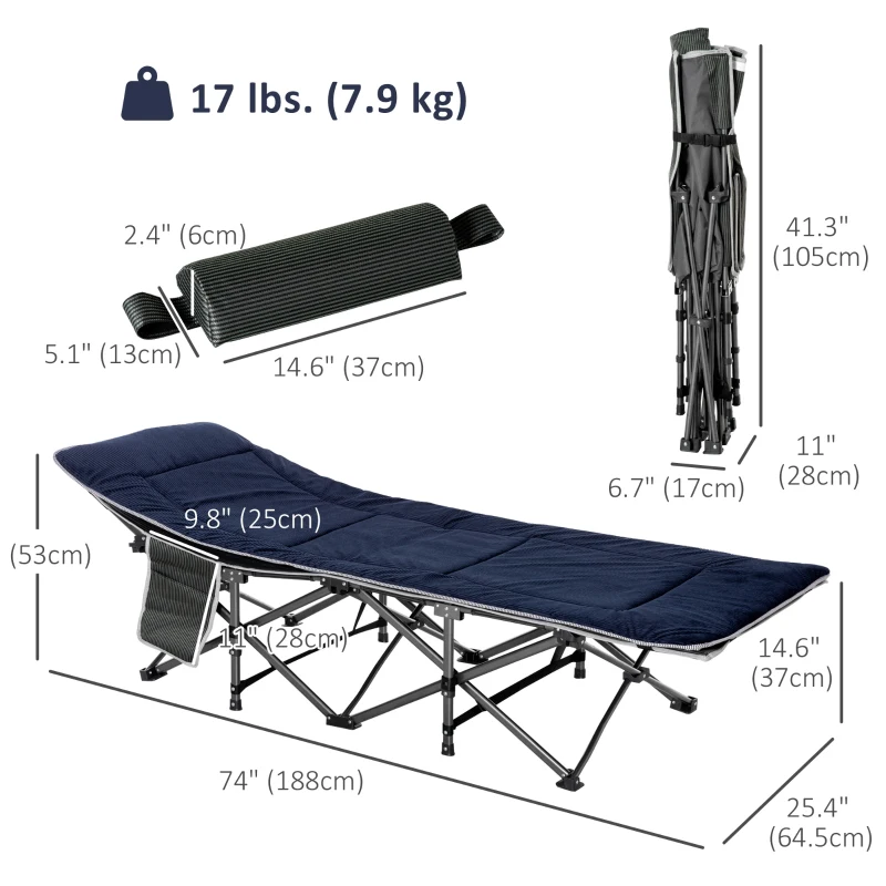 Outsunny Folding Camping Cot with Mat & Pillow, Double Layer Oxford Heavy Duty Sleeping Cot with Carry Bag Grey and Blue