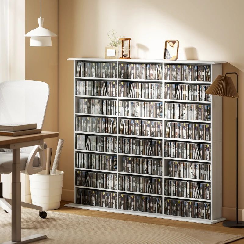 HOMCOM Media Storage Cabinet, 8-Tier DVD Shelf with 18 Adjustable Shelves, Holds 1032 CDs, 594 DVDs or Blu-rays, White