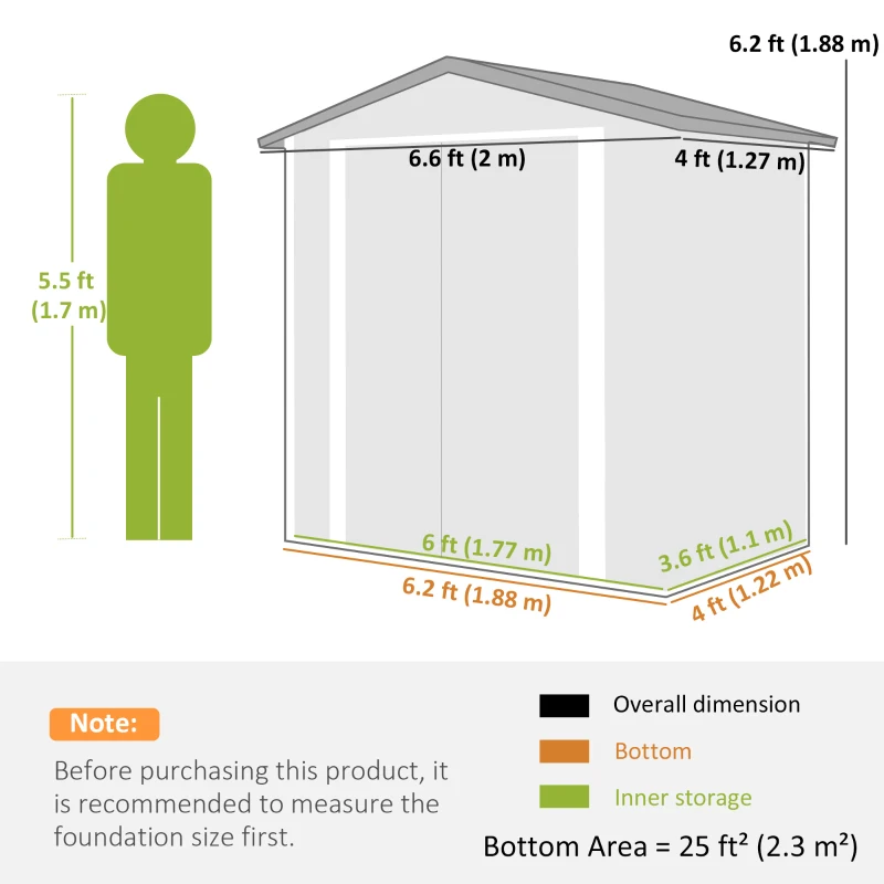 Outsunny 6.5' x 4'  Outdoor Storage Shed, Metal Garden Shed with Lockable Double Doors, 4 Vents, Brown