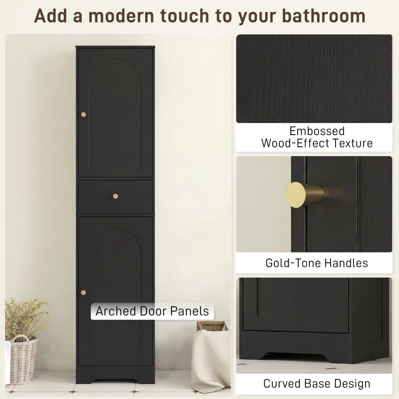 HOMCOM 67" Tall Bathroom Cabinet, Slim Bathroom Storage Cabinet with 2 Doors, Drawer and Adjustable Shelf, Black Wood Grain