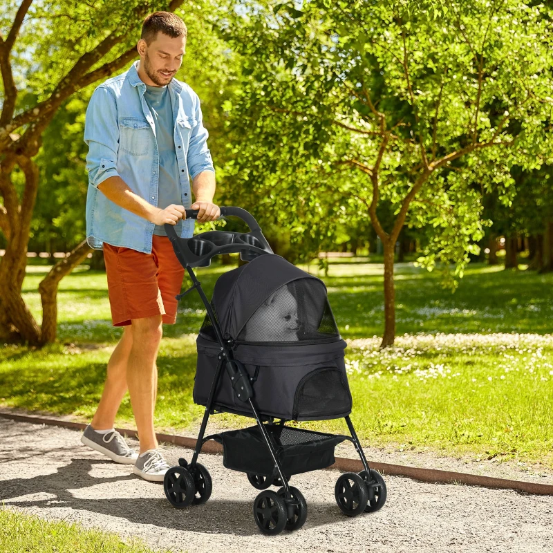 PawHut Dog Stroller Foldable Design with Storage Basket, Adjustable Canopy, Cup Holder, Safety Leashes, for Mini Dogs, Black