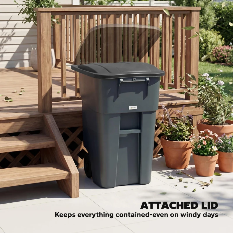 Outsunny Outdoor Garbage Bin with Lid and Wheels, 53 Gallon Large Trash Can Garbage Can with Handle for Patio, Yard, Dark Grey