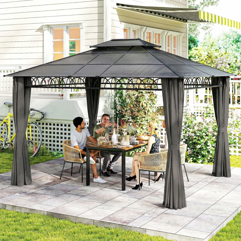 Outsunny 10' x 12' Outdoor Gazebo Canopy, Double Roof Hardtop Gazebo with Polycarbonate Roof, Steel Frame, Nettings and Curtains