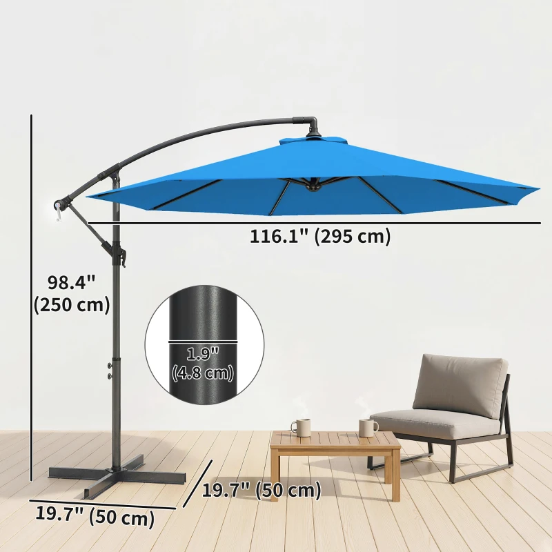 Outsunny 10ft Offset Patio Umbrella with Base, Garden Hanging Parasol with Crank, Banana Cantilever Umbrella Sun Shade, Blue