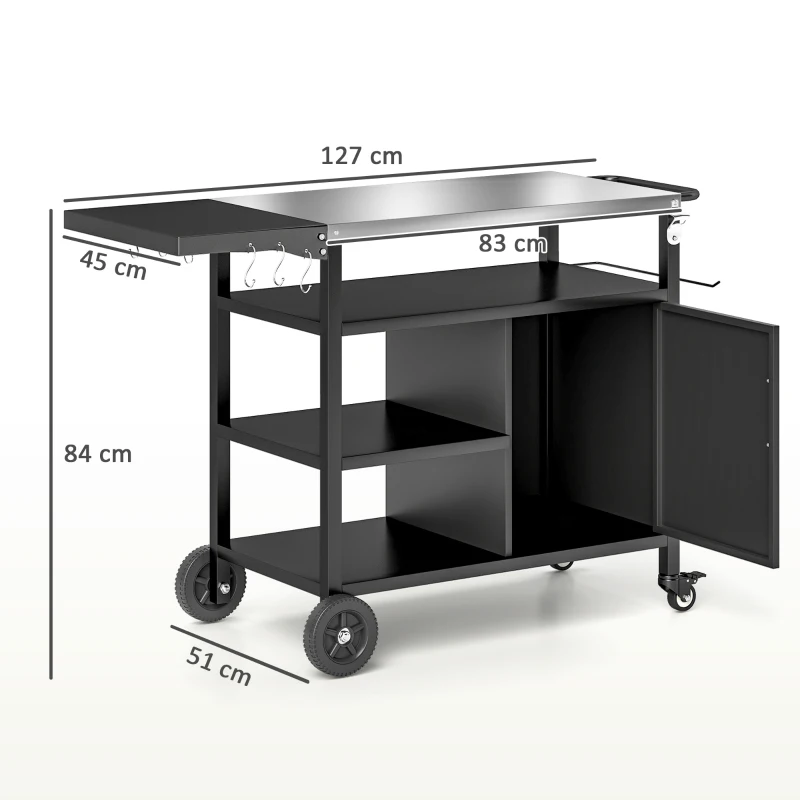 Outsunny Outdoor BBQ Stand with Foldable Side Table, Stainless Steel Top, Pizza Oven Table with Wheels Hooks Shelves