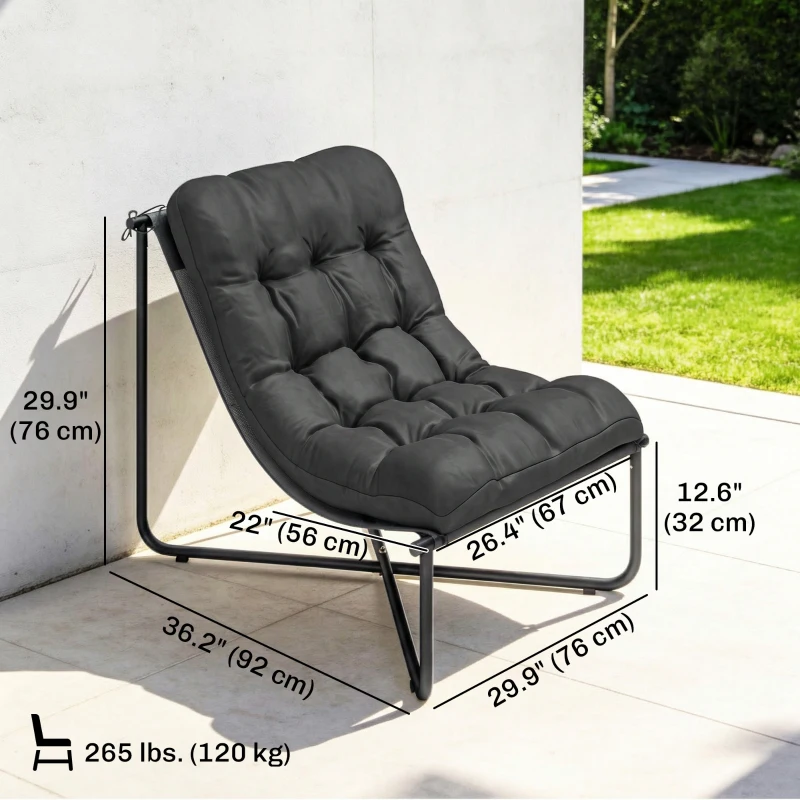 Outsunny Outdoor Patio Chair, Comfy Sling Lounge Chair with Cushion, Breathable Wide Seat, Steel Frame, Dark Grey