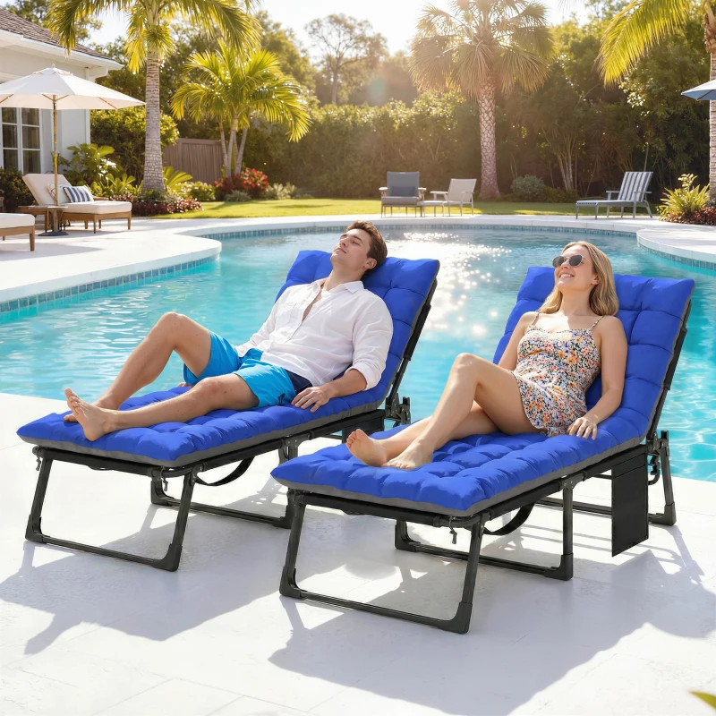 Outsunny 29.5" Wide Folding Chaise Lounge Chair Outdoor Tanning Chair Set of 2, Camping Cot with Cushion, Side Pocket, Grey/Blue
