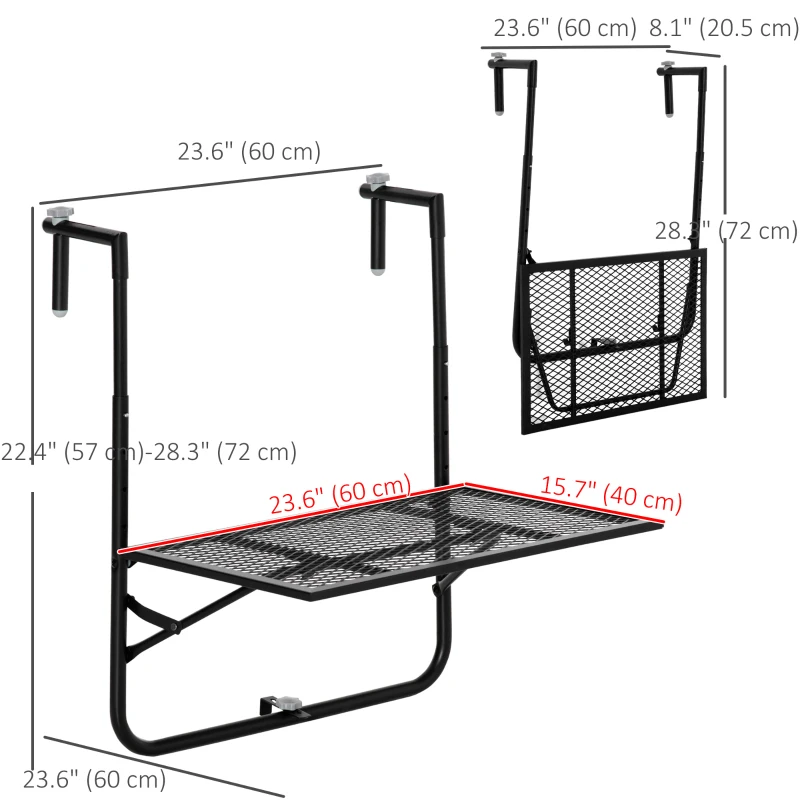 Outsunny Balcony Hanging Table, Metal Wall Mount Desk, Adjustable Folding Balcony Deck Table for Patio and Garden, Black