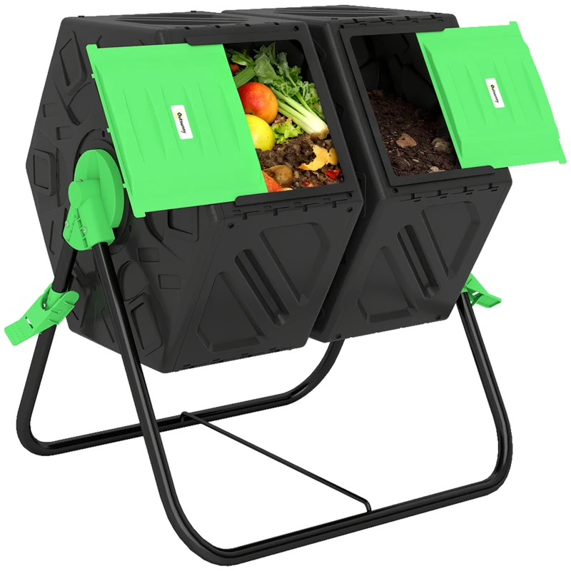 Outsunny Rotating Composter, Dual Chamber Compost Bin with 24 Vents and Steel Legs, 34.5 Gallon, Green