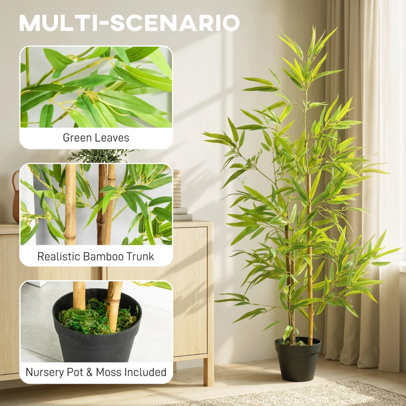 Outsunny Artificial Bamboo Tree, 4ft Fake Tree with Realistic Leaf and Natural Trunk, Decorative Plant in Nursery