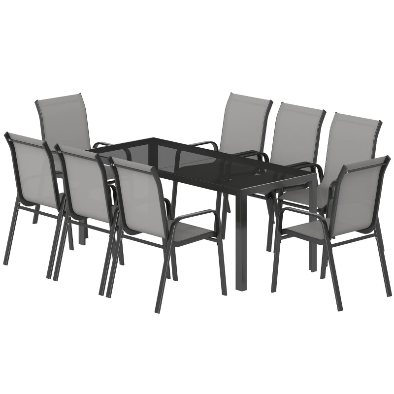 Outsunny 9 Pieces Patio Set with Stackable Chairs, Patio Dining Set with Glass Top for Garden, Patio, Backyard, Light Grey