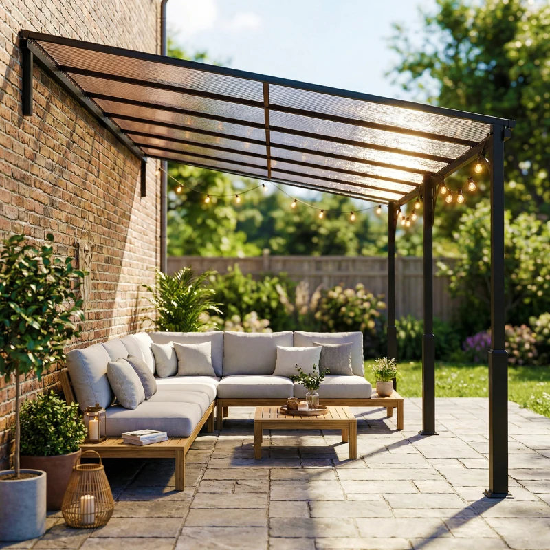 Outsunny 13' x 10' Lean to Gazebo, Hardtop Wall Mounted Outdoor Pergola with Polycarbonate Roof and Metal-Aluminium Frame
