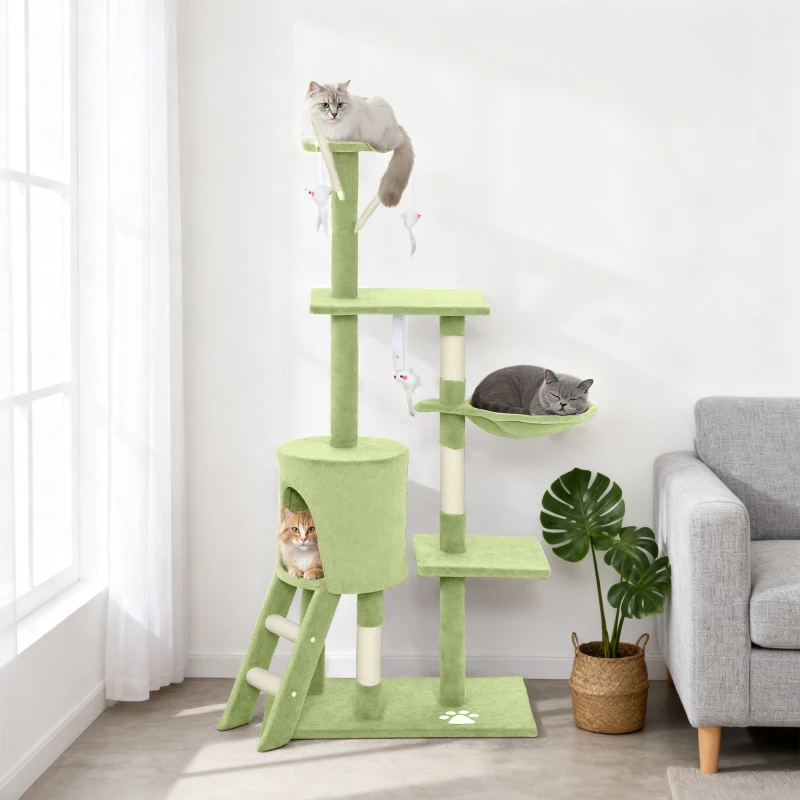 PawHut 53" Cat Tree Tower, Kitten Activity Centre with Scratching Posts, Condo, Perches, Ladder, Hammock, Dangling Toys, Green