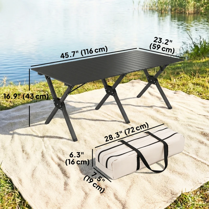 Outsunny 4ft Folding Camping Table, Waterproof Picnic Table with Roll Up Top and Metal Frame, Black