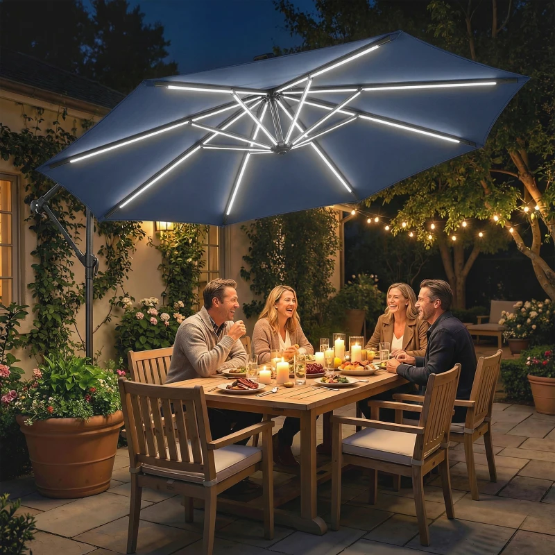 Outsunny 10 ft Offset Patio Umbrella with Solar Light, Garden Hanging Parasol with 360° Rotation, Tilt, Cover, Navy Blue