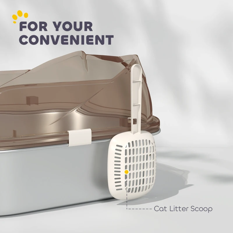 PawHut Stainless Steel Cat Litter Box with High Sided Enclosure, Step, Scoop, Non-Sticky & Anti-Urine Leakage, Easy Cleaning