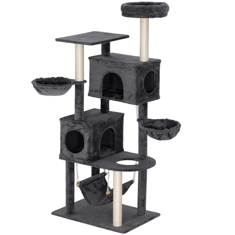 PawHut 66 Inch Large Cat Tree with 2 Door Condos, 3 Big Hammocks, Plush Top Perch, Sisal Scratching Posts, Dark Grey