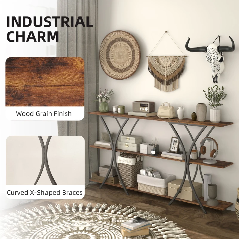 HOMCOM 71" Console Table, 3-Tier Industrial Entryway Table with 2 Storage Shelves for Living Room, Hallway, Rustic Brown