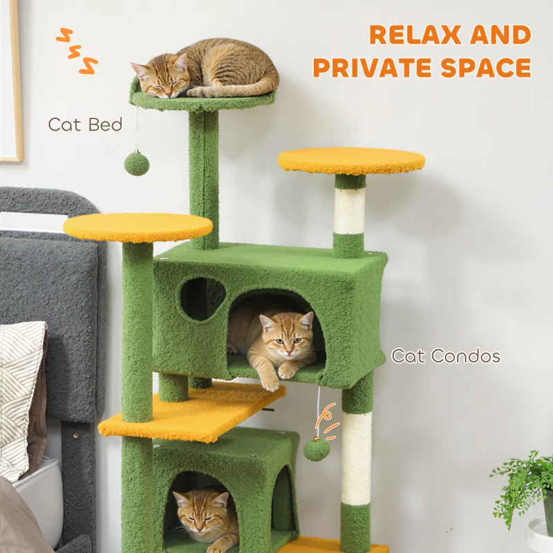 PawHut 54" Cat Tree, Multi-Level Cat Tower with Scratching Posts, Cat Condos, Bed, Platforms, Ramp, Toy Ball, Green