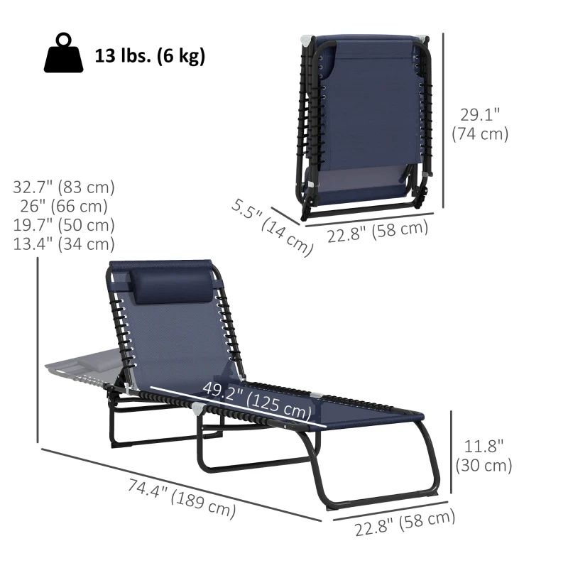 Outsunny Folding Lounge Chair, Adjustable Chaise Lounge with Headrest, Reclining Lounger Cot for Camping, Hiking, Dark Blue
