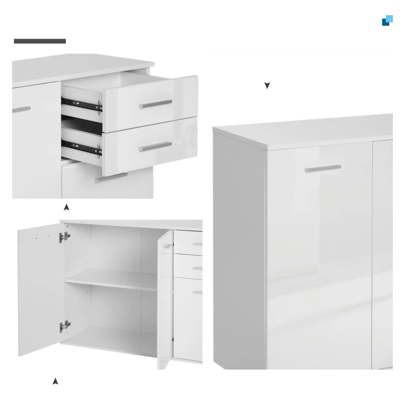 HOMCOM High Gloss Sideboard with 2 Drawers and 3 Doors, Buffet Cabinet with Adjustable Shelf, Coffee Bar Cabinet with Storage, White