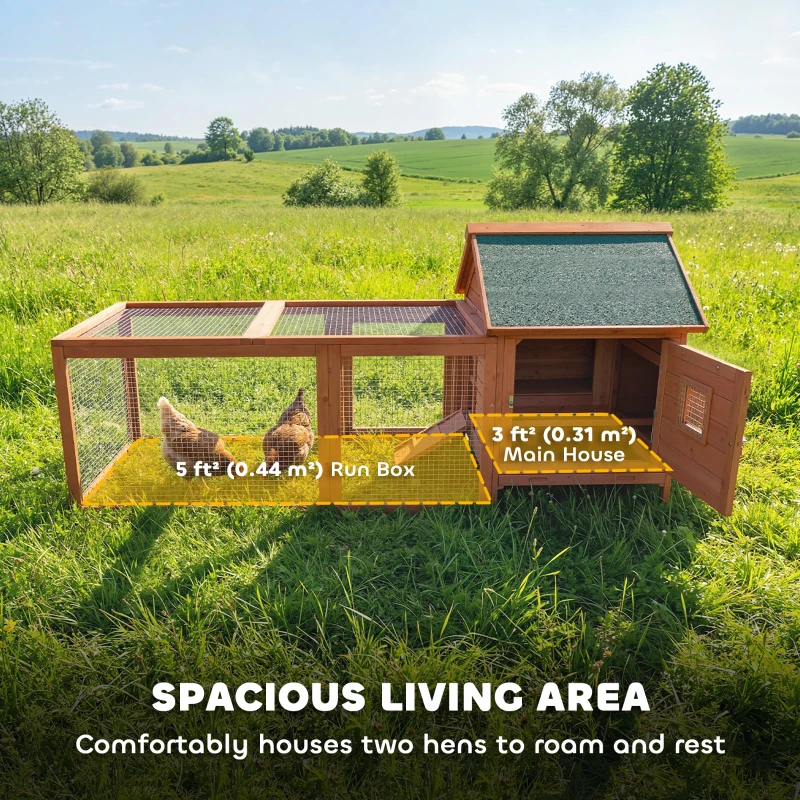 PawHut 72" Chicken Coop, Wooden Hen House for 2 Chickens, Poultry Cage with Run, Nesting Box, Removable Tray, Waterproof Roof