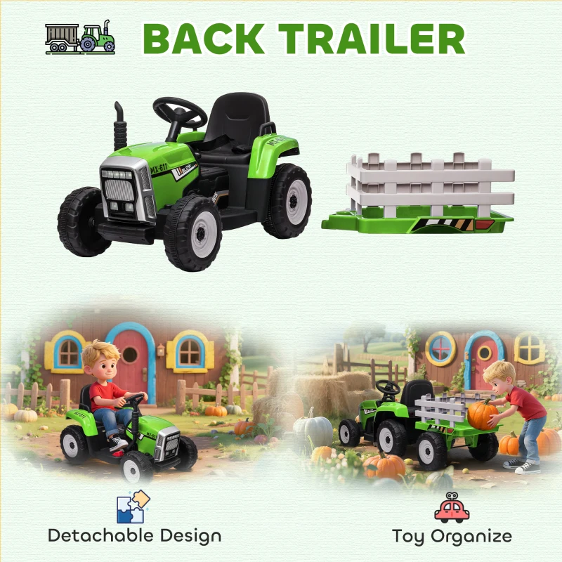 Aosom 12V Kids Ride on Tractor with Trailer, Battery Powered Electric Kids Car with Remote Control, Music Start up Sound and Horn, USB, LED Lights, Green