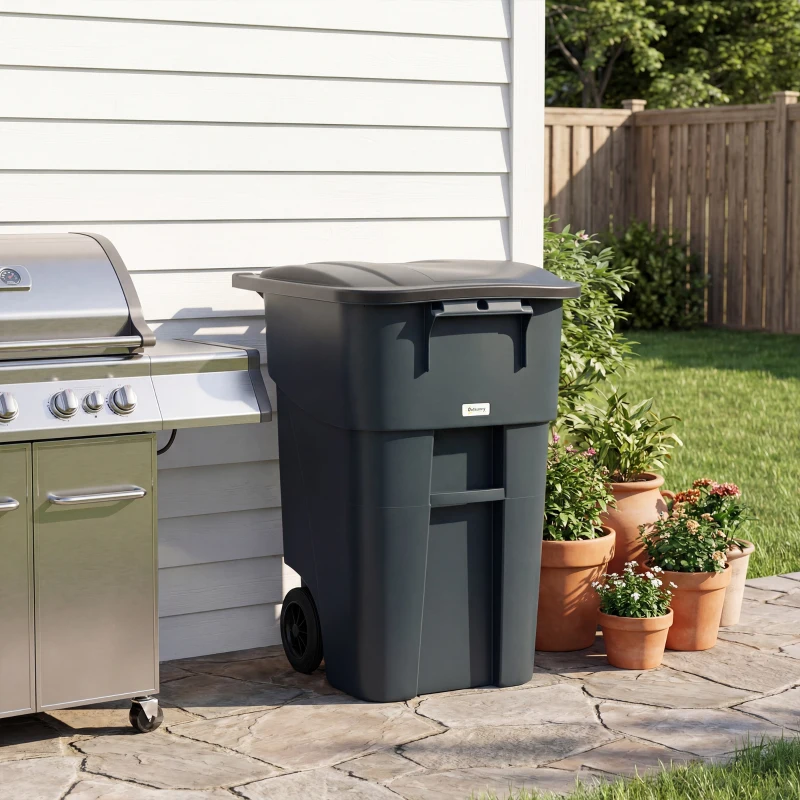 Outsunny Outdoor Garbage Bin with Lid and Wheels, 53 Gallon Large Trash Can Garbage Can with Handle for Patio, Yard, Dark Grey