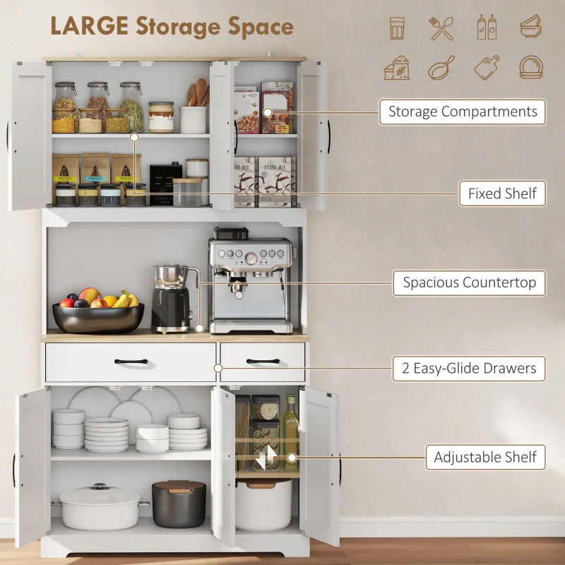 HOMCOM Tall Kitchen Pantry, 6 Doors, 2 Drawers, Adjustable Shelves & Worktop, Rustic Storage Cabinet for Living Room White